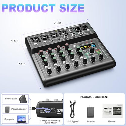 USB interface Audio 7 Channel Mixer With Effects 88 Dsp Digital DJ Mixing Board Bluetooth Music Player 48v Line For Condenser Mic Audio Mixer to PC/Phone For Karaoke Record Livestream