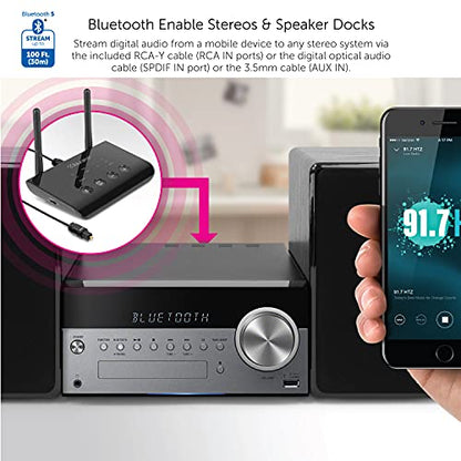 Aluratek Bluetooth Audio Receiver and Transmitter with Low Latency, Dual Antenna, Support Up to 100 Foot Range for Wireless from TV to Headphone/Speaker, PC, Home Theatre - ABCD54F
