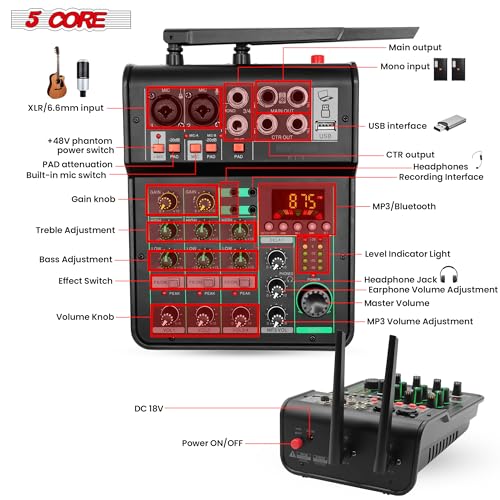 5 Core 4 Channel Audio Mixer with Bluetooth DJ Sound Controller XLR Microphone Studio Soundboard w +48V Phantom USB-A, MP3 Player Full EQ RCA Input/Output w Wireless Mic