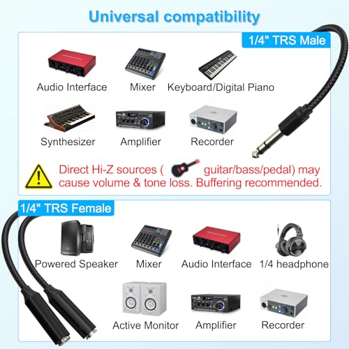 1/4" TRS Splitter Y Cable 1FT,6.35mm Stereo Male to Dual TRS Female Adapter | 1 in 2 Out Cord for Mixer,Audio Interface,Keyboard,Amplifier/Amp,Headphone,Powered Speaker/Monitor,Recorder,Synthesizer,Piano