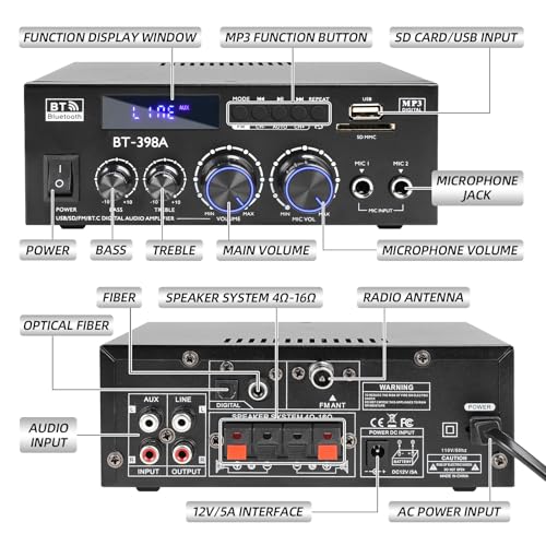 BT-398A Bluetooth 5.0 Stereo Receivers,2 Channel 450W Home Amplifier | 450Wx2 Stereo Receiver with FM Radio,USB/SD/AUX Optical & Coaxial Input for Passive Speakers