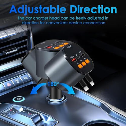 Retractable Car Charger,5 in 1 Fast Cars Phone Charger 90W,Bluetooth 5.3 FM Transmitter Adapter,Handsfree Call,2 Retractable Cables and USB Chargers for iPhone17/16 15/14/13 - color: Black