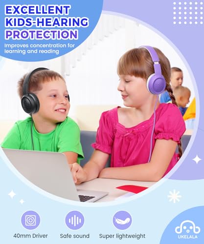 UKELALA C3 Kids Headphones Wired, On-Ear Wired Head Phones for Boys Girls with 3.5mm Jack, Foldable, Adjustable Headband, Child Headphone for School Home Airplane Tablet Black - color: Black