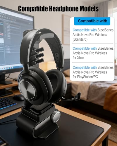 SteelSeries Arctis Nova Pro Wireless와 호환되는 헤드폰 스탠드 | 무선 베이스 스테이션 도크 및 게이밍 데스크용 미끄럼 방지 패드가 있는 헤드셋 홀더, 무선 헤드셋 보관 홀더 - size: Small Storage Area