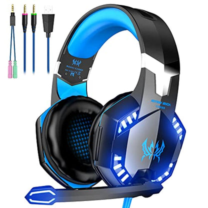 VersionTECH. G2000 Gaming Headset, Bass Surround Gaming Headphones with Noise Cancelling Mic, LED Lights, Soft Memory Earmuffs for PS5/ PS4/ Xbox One Controller/Laptop/PC/Mac/Nintendo NES Games-Blue - color: Blue