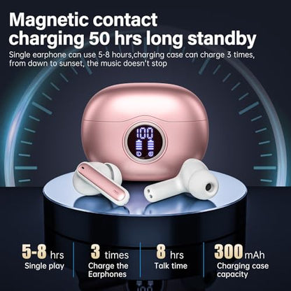 Wireless Earbuds, Bluetooth 5.3 Headphones HiFi Stereo 50H Playback LED Digital Display Ear Buds with ENC Noise Canceling Headset, IPX7 Waterproof Earphones for Gym/Running/Work（Rose Gold） - color: Rose Gold