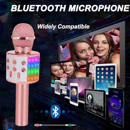 Bluetooth Karaoke Microphone Wireless: Karaoke Mic with Led Lights for Adults Kids Singing - Perfect Toys for Girls Birthday Gifts - color: 02-Champagne With Light
