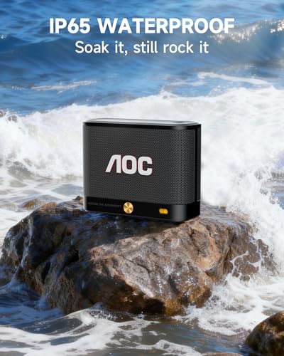 AOC Portable Bluetooth Speaker, Shower Speaker, BT 5.4 with Wireless Stereo Pairing, BassUp, IP65 Waterproof, Dustproof, 30-Hour Playtime, Compact Small for Home, Outdoors, Travel, Black