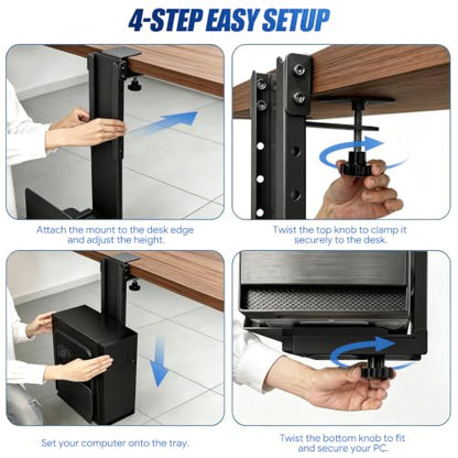 Adjustable Under Desk PC Mount, Heavy Duty No Drilling Clamp Mount on Desk Fits Most PC Tower 14.5”-22.4” (H) , Thickened & Ultra Strong CPU Holder for Standing Desk & Home Office, Black - color: Black