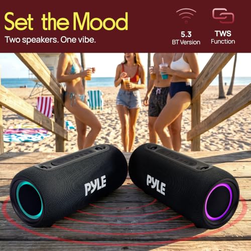 Pyle Portable Bluetooth Speaker - RGB LED, IPX5 Waterproof, TWS Stereo Pairing, USB/AUX/FM, Built-in Mic, USB-C Charging, 7H Battery, Shoulder Strap - Party, Outdoor, Travel, Home - PBTPSP25BK