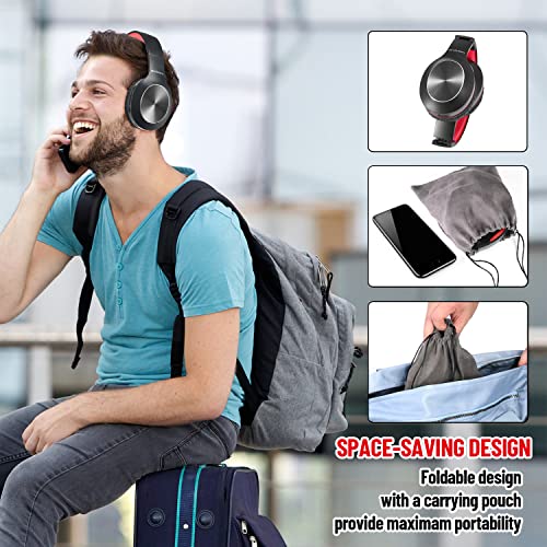 Rydohi Bluetooth Headphones Over Ear,68H Playtime and 3 EQ Music Modes Wireless Headphones with Microphone/Deep Bass, HiFi Stereo Foldable Lightweight Headset for PC Home Travel Office (Black Red) - color: Black Red