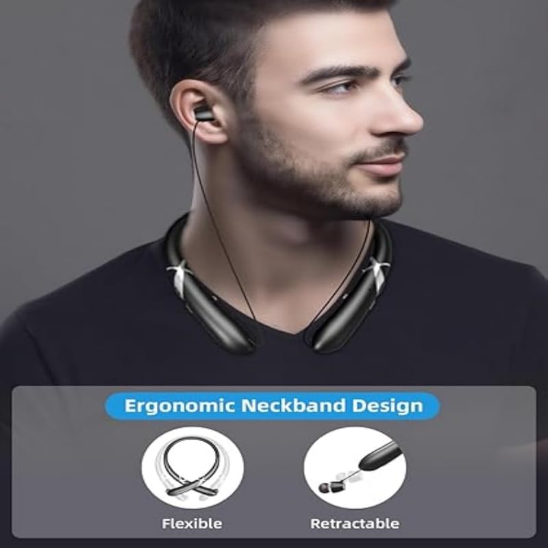 Retractable Wireless Earbuds Neckband, Bluetooth 6.0 Headphones with 24H Playtime, IPX5 Sweatproof, CVC 8.0 Noise Cancellation, Stereo Bass Sport Earphones for Gym/Running/Travel - color: Black