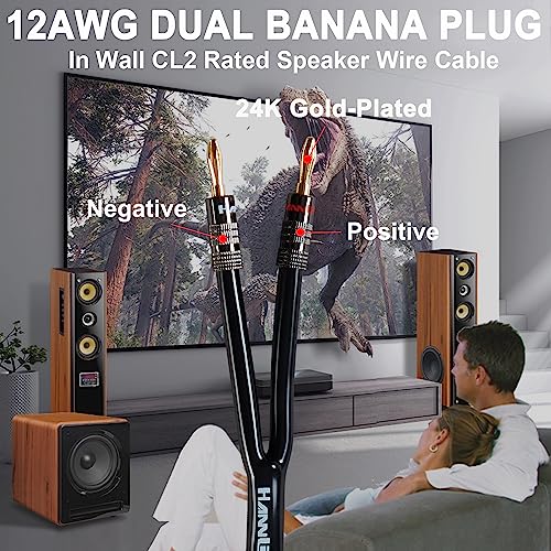 12AWG Speaker Cable (3 Feet), 1 Pack Premium Heavy Duty Braided Speaker Wire with Dual Gold Plated Banana Plug in-Wall CL2 Rated, Oxygen-Free Copper (Black) - color: Black