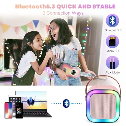 Mini Karaoke Machine, Portable Bluetooth Karaoke Speaker with 2 Wireless Microphones and Light for Family Home Party,Toys for Girls Boys Friends Age 3-12+ Kids and Adults Birthday Gifts.(Pink) - color: Pink