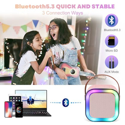 Mini Karaoke Machine, Portable Bluetooth Karaoke Speaker with 2 Wireless Microphones and Light for Family Home Party,Toys for Girls Boys Friends Age 3-12+ Kids and Adults Birthday Gifts.(Pink) - color: Pink