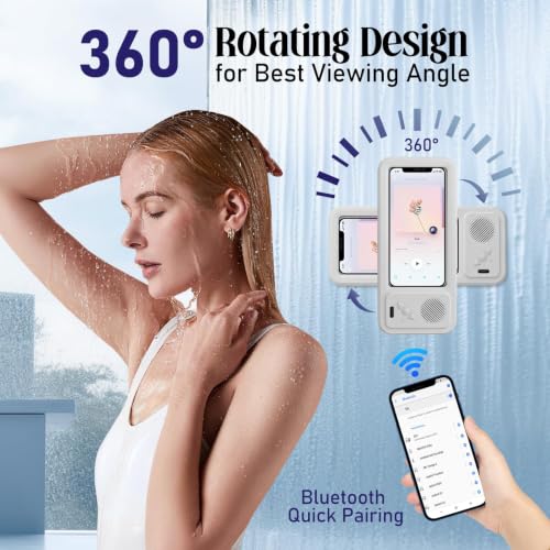 Shower Phone Holder with Wireless Bluetooth Speaker, Waterproof 480 Rotation Viewable Shower Phone Stand Case Mount Speakers for Bathroom Wall Mirro for 4"- 6.8" Cell Phones ,Gift for Mom(White) - color: White