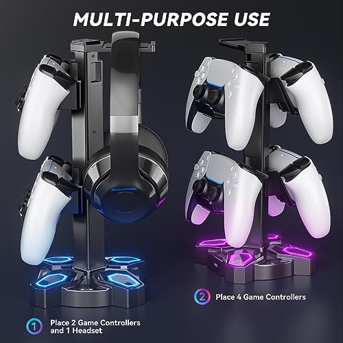KDD Gaming Headphones Stand, Rotatable Headset Stand with Light Modes - Controller Holder with 2 USB Charging Ports and 3.5mm - Earphone Hanger Accessories for Desktop Gamer(Black) - color: Black