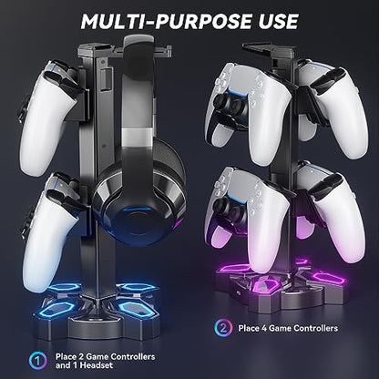 KDD Gaming Headphones Stand, Rotatable Headset Stand with Light Modes - Controller Holder with 2 USB Charging Ports and 3.5mm - Earphone Hanger Accessories for Desktop Gamer(Black) - color: Black