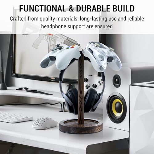 MyGift Industrial Matte Black Metal Headphone Stand with Burnt Wood Tray – Desktop Headset and Gaming Controller Holder for Office, Studio, or Console Setup - color: Dark Brown