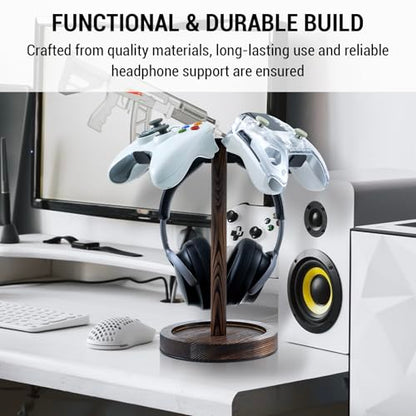 MyGift Industrial Matte Black Metal Headphone Stand with Burnt Wood Tray – Desktop Headset and Gaming Controller Holder for Office, Studio, or Console Setup - color: Dark Brown