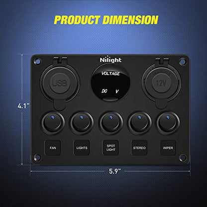 Nilight 5 Gang Multi-Function Rocker Switch Panel On Off SPST Toggle | 12V 12V/20A 24V/10A Dual USB Charger LED Voltmeter Cigarette Lighter for LED Light Bar Rear Rock Lights Trucks RV Boats 4X4 Blue - color: Blue