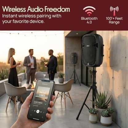 Pyle 10" Wireless Portable PA System - 1000W High Powered Bluetooth Compatible Active + Passive Pair Outdoor Sound Speakers w/USB SD MP3 AUX - 35mm Mount, 2 Stands, Microphone, Remote - PPHP1049KT - size: 10 in