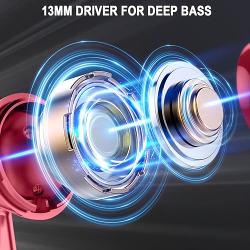 Jxrev Wireless Earbuds, Bluetooth Headphone 5.4, LED Power Display Ear Buds | Bass Stereo, Bluetooth Earbuds, in-Ear Noise Cancelling Mic, Playback Mini Case, IP7 Waterproof Sport Earphones, Android iOS - color: peach Wine red
