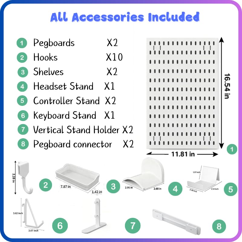 Gaming Desk Organizer, No-Drill Freestanding Desk Pegboard with Headphone Stand, Controller Holder, Keyboard Stand & Shelves, 5-in-1 Gaming Setup Accessories for Dorm Room & Home Office, White
