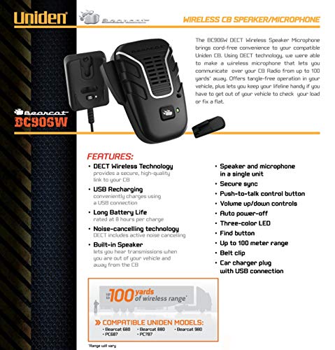 Uniden BC906W Wireless CB Microphone and Speaker in a single unit, Up to 100 Yard Range, Smart Power Save, Active Noise-Canceling Technology, Clear Quality Sound,Black