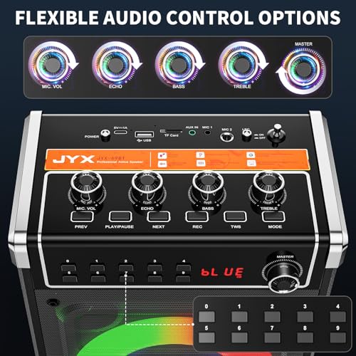 JYX Karaoke Machine with 2 Wireless Microphones, Portable Bass/Treble Bluetooth Speaker with LED Light, Support TWS, AUX in, FM, REC PA System with Remote Control, Supply for Party/Adults/Kids - color: Black