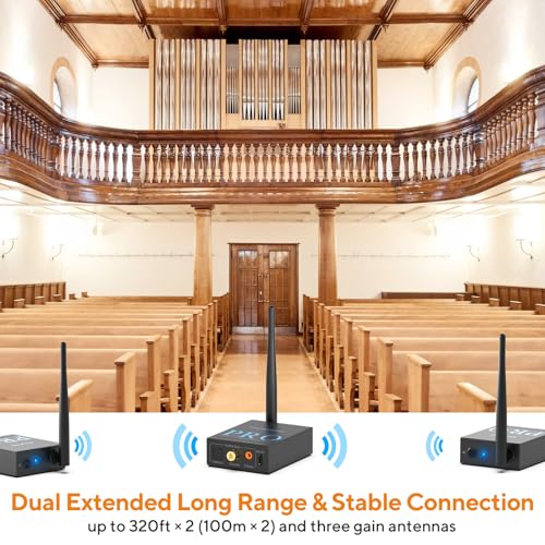 1Mii 3-in-1 2.4Ghz Wireless Audio Transmitter Receiver (1 TX+2 RX) | For 2 Powered Speaker/Power Amplifier, 20ms Low Latency, 328ft Range, Optical/Coaxial/3.5mm(RCA) Audio Input/Output