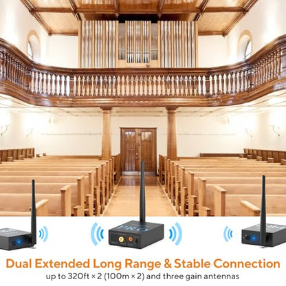 1Mii 3-in-1 2.4Ghz Wireless Audio Transmitter Receiver (1 TX+2 RX) | For 2 Powered Speaker/Power Amplifier, 20ms Low Latency, 328ft Range, Optical/Coaxial/3.5mm(RCA) Audio Input/Output
