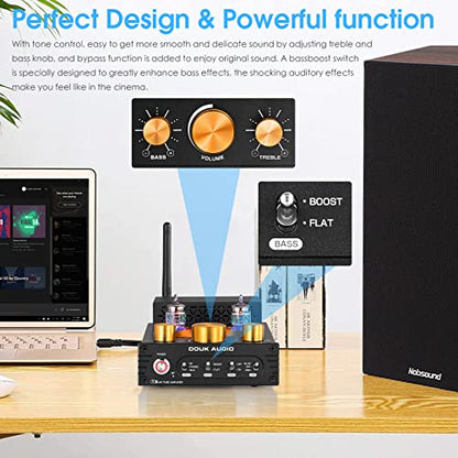 Douk Audio Tube Phono Amp: Bluetooth Receiver | 2-Channel Amplifier for MM Turntables | 160W×2 TDA7498E | Tone Control | for Desktop Vinyl HiFi Home Audio System (X1)