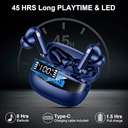 Wireless Earbuds, Bluetooth 5.4 Headphones, 4 ENC Mics, In-Ear Earphones | Deep Bass Stereo, 40H Playtime, LED Display, Mini Charging Case, Ear Buds, IP7 Waterproof, Wireless Headphones, Android, iOS - color: Dark Blue