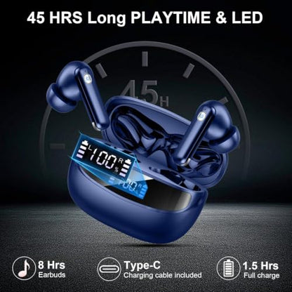 Wireless Earbuds, Bluetooth 5.4 Headphones, 4 ENC Mics, In-Ear Earphones | Deep Bass Stereo, 40H Playtime, LED Display, Mini Charging Case, Ear Buds, IP7 Waterproof, Wireless Headphones, Android, iOS - color: Dark Blue