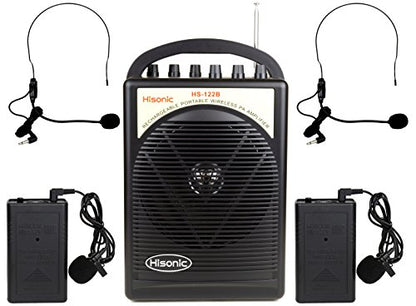 Hisonic HS122B-LL Portable Lithium Battery Rechargeable PA (Public Address) System with Dual Wireless Microphone System and Car Charger Cable, Black (2 Belt-Packs, Black)