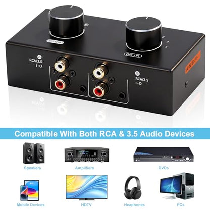 Bi-Directional 2 in 4 Out & 4 in 2 Out RCA 3.5mm Port Audio Switcher, 2-Way 4-Way 4x2 RCA 1/8 Stereo Speakers Headphones Audio Switch Selector Box