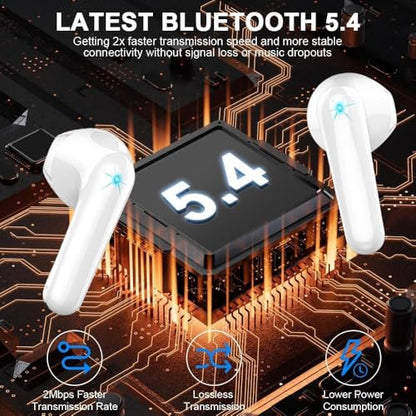 Wireless Earbuds, Bluetooth 5.4 Headphones 50H Playback Bass Stereo Ear Buds with 4 ENC Cancelling Mics, in-Ear Earphones with LED Display, IP7 Waterproof USB-C for Laptop Pad Phones Workout Rose Gold - color: pure white