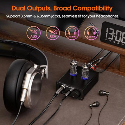 Nobsound P32 Tube Headphone Amplifier: 1000mW HiFi Desktop Preamp for 24–600Ω Headphones & Home Amps Speakers, 3.5mm/6.35mm Jacks, Swappable Tube & Op-Amp