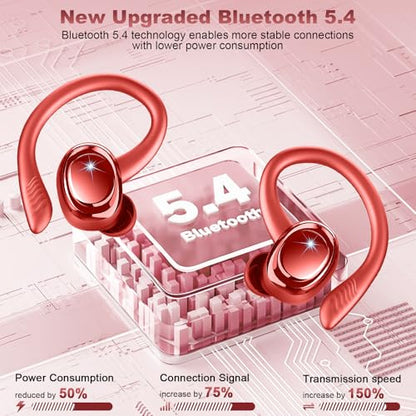 Hupoaf Wireless Earbuds Sport, NEW Bluetooth 5.4 Headphones with Earhooks, 50H Stereo Deep Bass Over Ear Buds with 4 ENC Noise Canceling Mics, IP7 Waterproof Earphones for Running Workout Gym -Red - color: A-Red