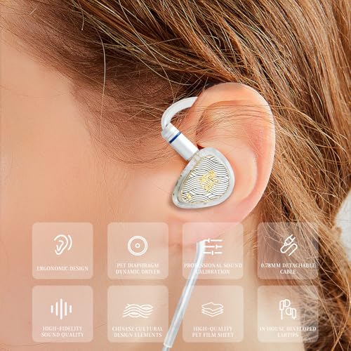 TANGZU Wan'er S.G II Wired Earbuds, in-Ear Monitors with 10mm Dynamic Driver PET Diaphragm, HiFi Gaming IEM Earphones, 0.78mm 2-Pin Detachable Cable, Tangle-Free (White 4.4mm Without Mic) - color: White, size: 4.4mm