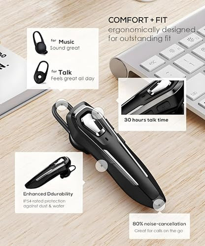 Single Ear Bluetooth Headset V5.4 36Hrs Talk Time, Bluetooth Earpiece | Noise Canceling Microphone, Hands-Free Wireless Headset for Driving/Office/Business, Crystal Clear Calls, Lightweight (Black)