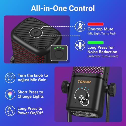 TONOR Gaming Microphone Compatible with Xbox, RGB Condenser Streaming Mic, Low Noise, Gain Control, One Tap Mute, Compatible with Capture Card, 200 cm/78inch Cable, Desktop Stand, Black, TCX3 Flow - color: Black, style: Microphone with Wireless Receiver