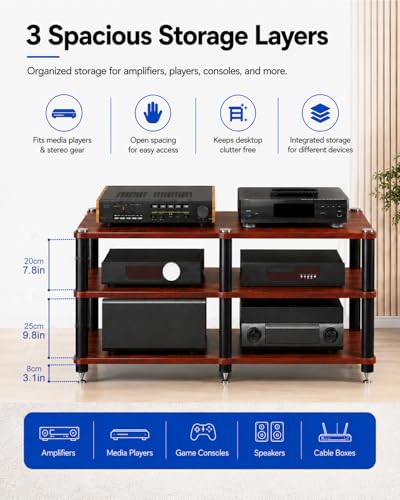 3 Tier Heavy Duty AV Media Stand, Stereo Stands and Racks, Teak | Audio Tower HIFI Rack Stereo Shelf 264 lb Load Capacity, vibration-dampening feet, open ventilation, Built for Hi-Fi systems - color: Teak, size: 3 tier