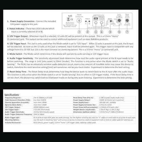 Automatic RCA Audio Selector by BobWire, Model RCA1 - Switch Operates by Audio Sensing or 12V Trigger. (Use for Home Theater Bypass, Jukebox, Karaoke & Auto Source Selection)