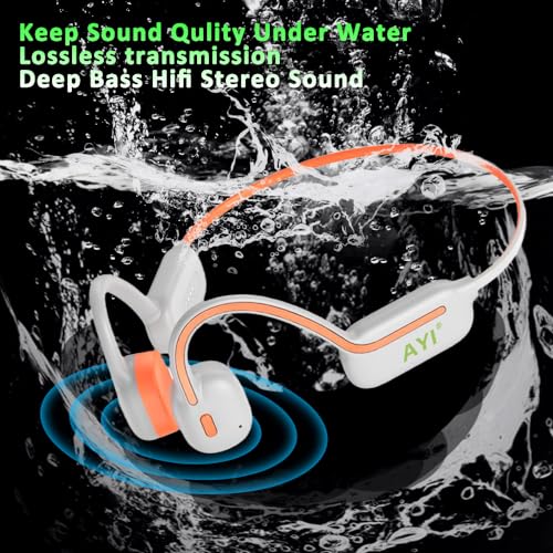 AYI Professional Swim Headphones True Bone Conduction Open Ear Headset MP3 Player Built-in 32G Memory IP68 Underwater Waterproof Bluetooth Earphone for Driving Bicycling Running Skiing-White - color: White Swim Headphone
