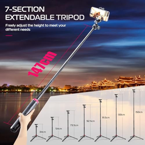 ULANZI MT-44 Auto Open Phone Tripod, 59" Extendable Selfie Stick Vlog Stand | 2-in-1 Phone Clip, Cold Shoe, 360° Ball Head Camera Tripod for iPhone Sony DJI Osmo Pocket 4 Nano Luna, Portable for Travel - color: BLACK