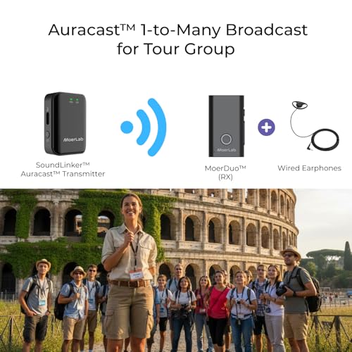 MoerDuo Auracast Audio Transceiver, 2-in-1 Bluetooth 5.3 Transmitter & Receiver, USB Audio, 3.5mm Line in/Out, Built-in Microphone, LE Audio, Low Latency, 22H Battery, Hearing Aid Compatible