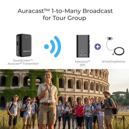 MoerDuo Auracast Audio Transceiver, 2-in-1 Bluetooth 5.3 Transmitter & Receiver, USB Audio, 3.5mm Line in/Out, Built-in Microphone, LE Audio, Low Latency, 22H Battery, Hearing Aid Compatible