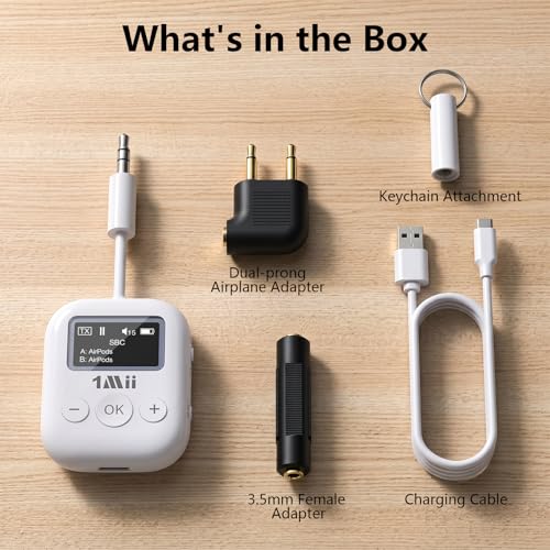 1Mii SafeFly Min Airplane Bluetooth Adapter for 2 AirPods or Headphones | aptX Adaptive & HD Hi-Fi Sound, Display Screen, 25H Battery, 3.5mm AUX Wireless Audio Transmitter for Flight Travel, TVs, Gym